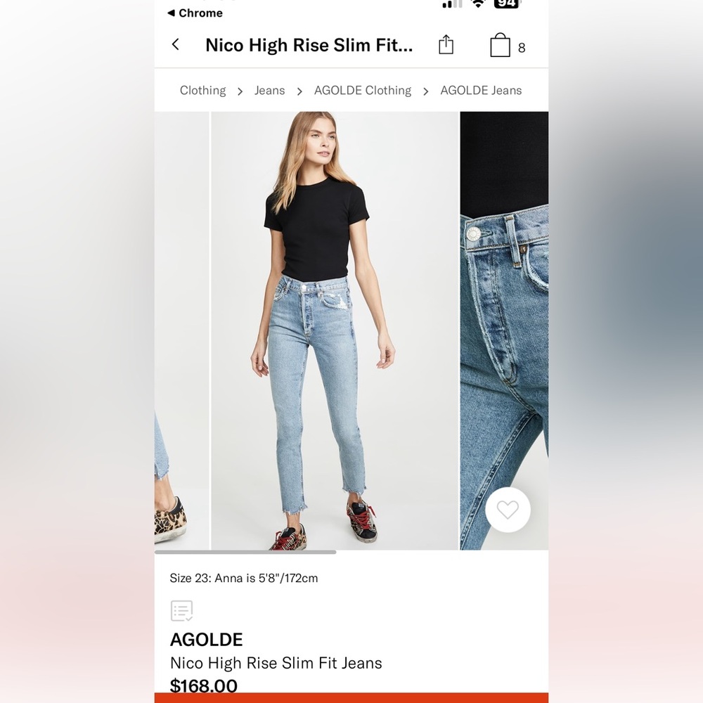 Agolde Nico high rise slim jeans with distressed flare at the end.